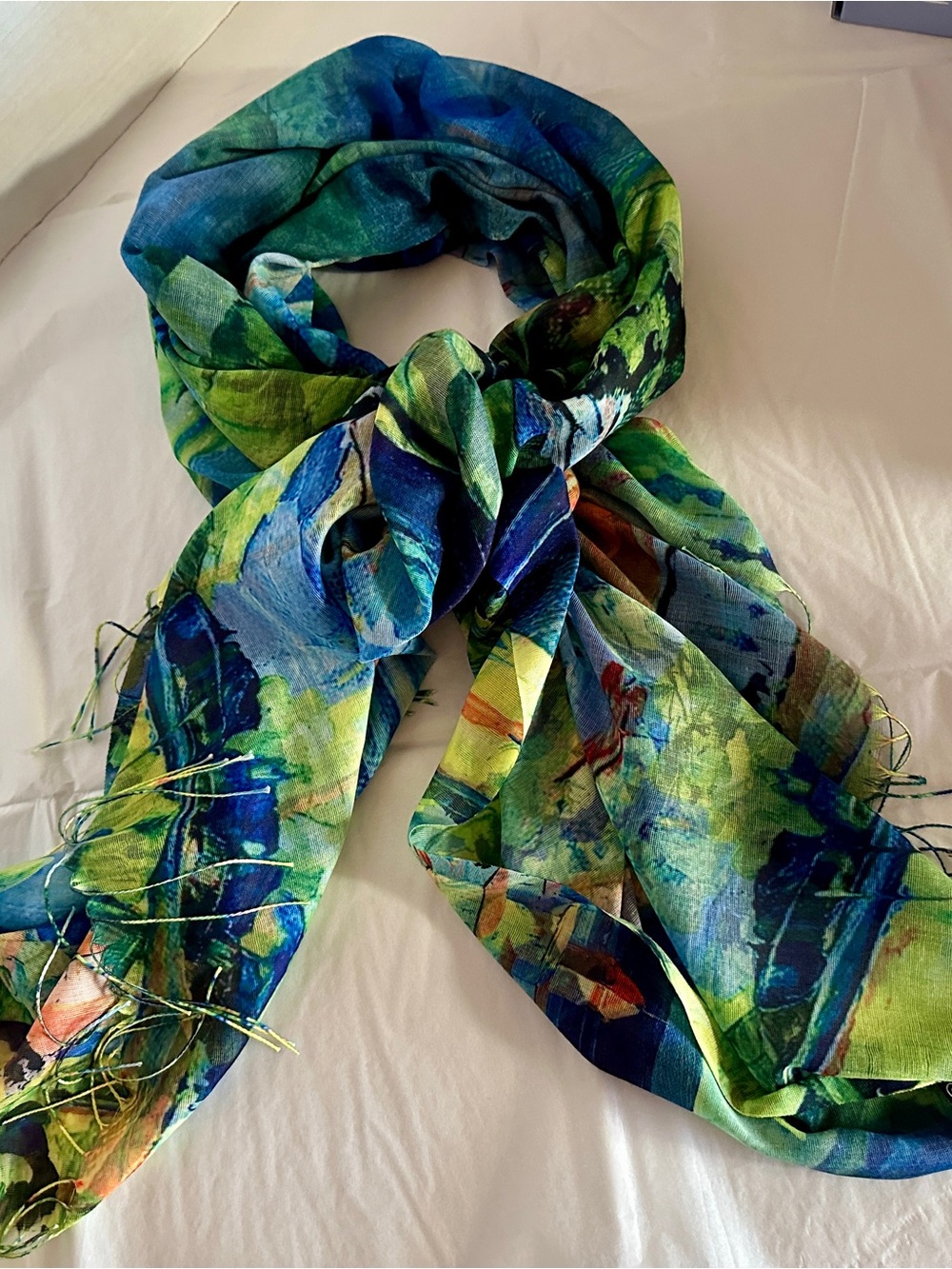 Magic Scarf, Vibrant Green & Blue Printed Scarf with Black acrylic buttons